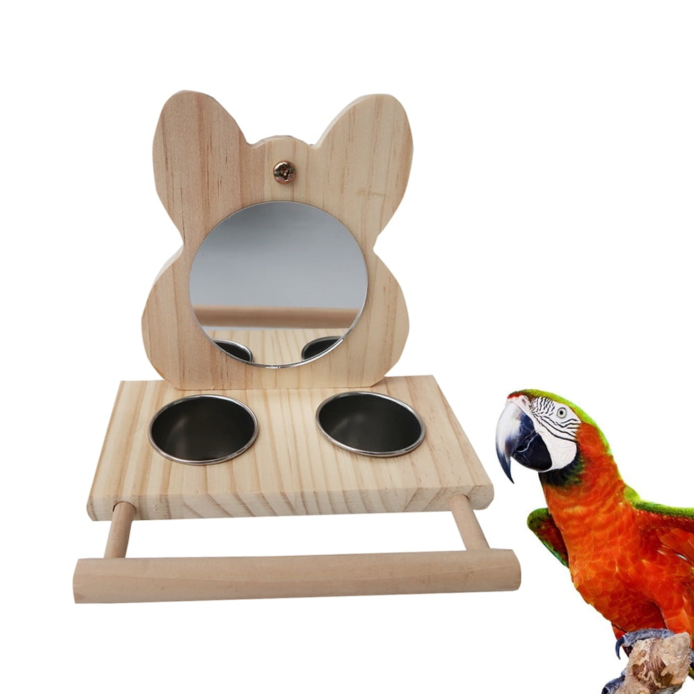 LOLIPPYY Water Food Bowl Wood Holder Parrot Cage Accessory Parrot Feeding Bowl Stainless Steel Bird Feeder