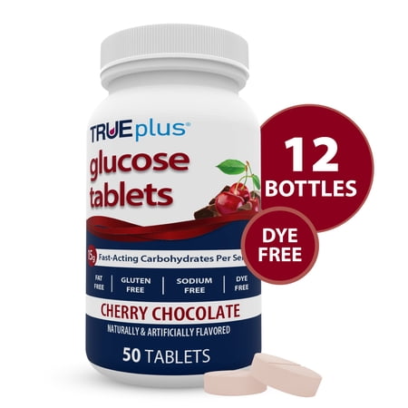 TRUEplus Glucose Tablets, Chewable, Cherry Chocolate Flavor, 50 Count, 12 Bottles