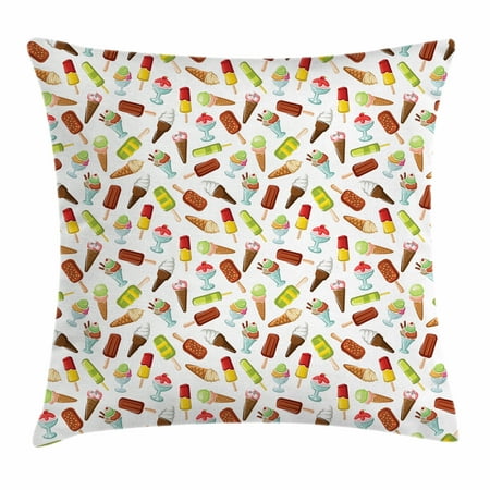 Chocolate Whip Cream - Ice Cream Throw Pillow Cushion Cover, Frozen Desserts in Wafer Cone Glazed Eskimo with Whipped Cream Chocolate Sundae, Decorative Square Accent Pillow Case, 18 X 18 Inches, Multicolor, by Ambesonne