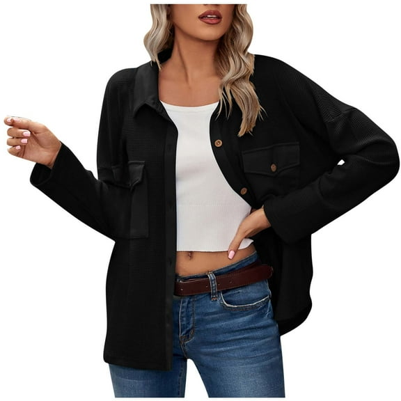 HAPIMO Discount Shacket Jackets for Women Casual Comfy Girls Fall Fashion Tops Long Sleeve Waffle Button Knit Jacket Womens Lapel Bust Pocket Outwear Black S