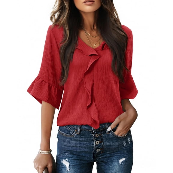 LWavelet Womens Plus Size V Neck 3/4 Sleeve Top Ruffle Pleated Summer Daily Casual Comfortable Versatile Blouse Red L