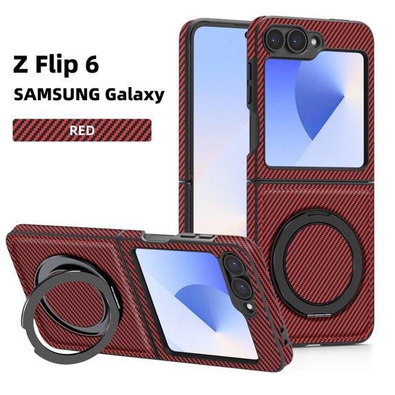 ELEHOLD Case for Samsung Galaxy Z Flip 6, Shockproof Magnetic Phone Case with 360° Ring Kickstand,Red