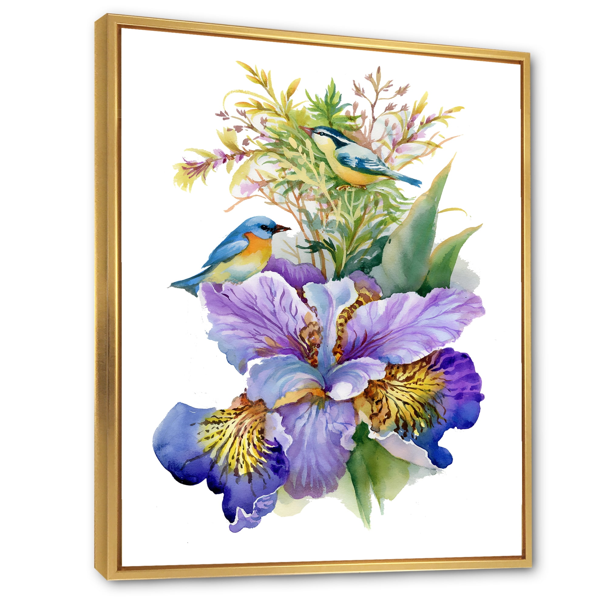Designart 'Birds With Purple Iris' Traditional Framed Canvas Wall Art Print