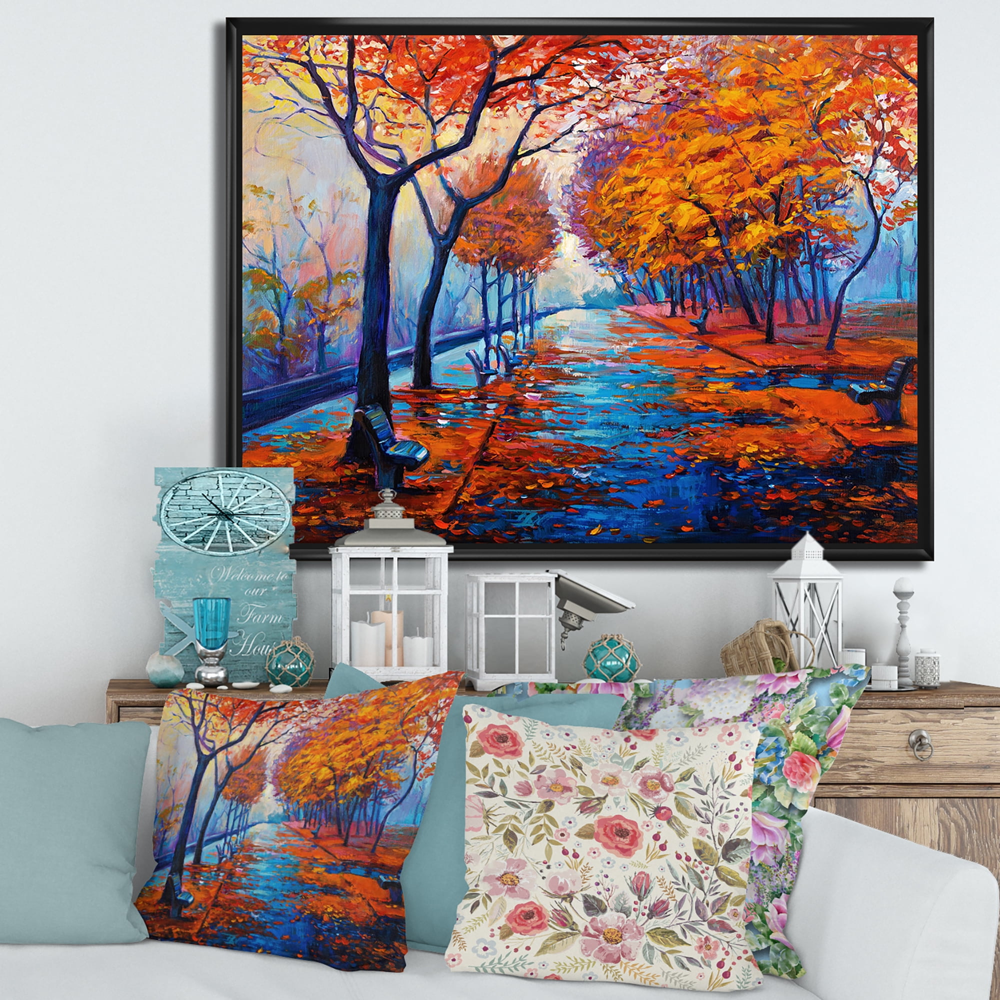 Orange Autumn Landscape With Little Road III 40 in x 30 in Framed Painting Canvas Art Print, by Designart