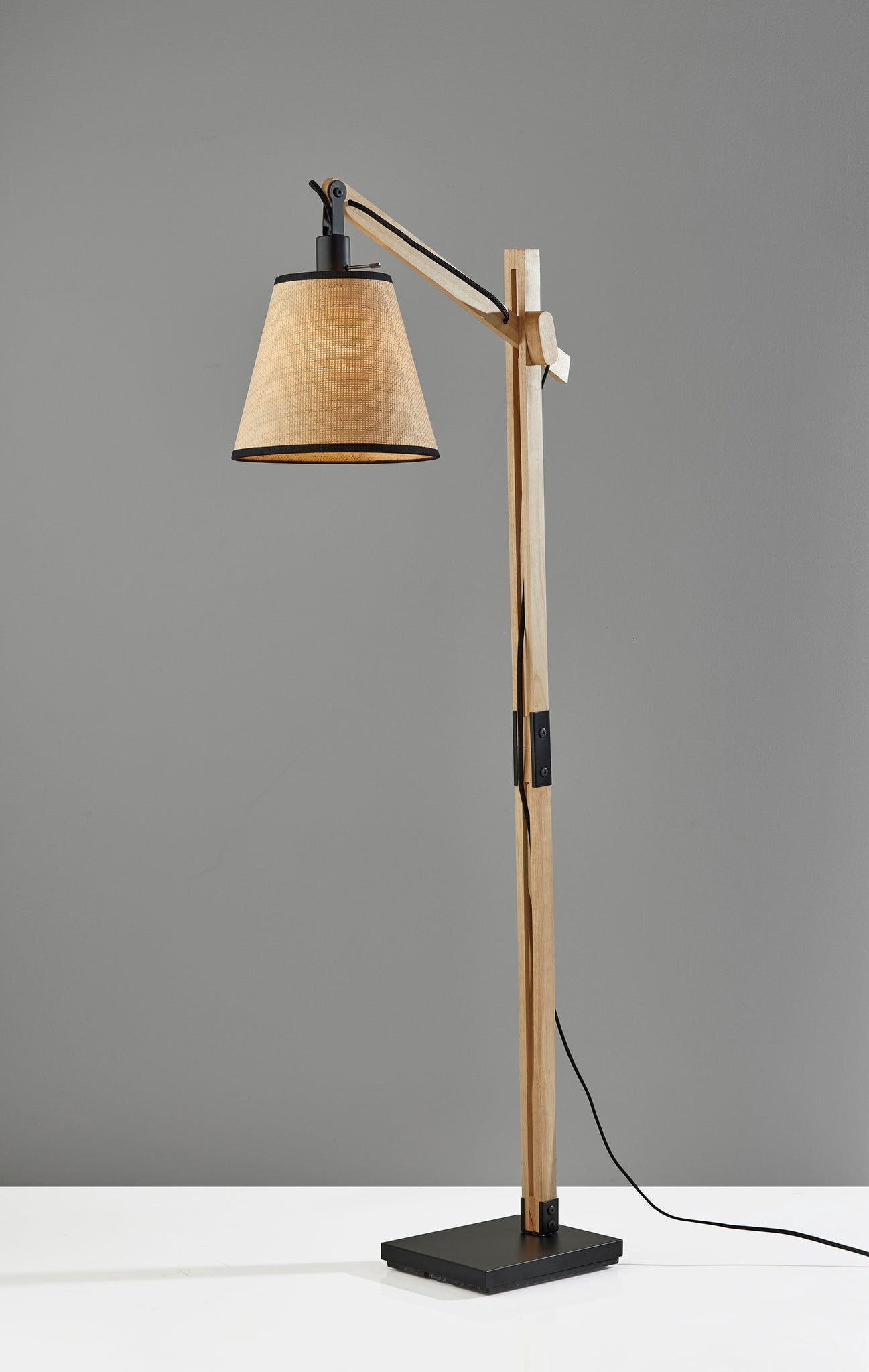 Adesso Walden 29.13" Industrial Adjustable Height Black Metal & Natural Wood Standard Lamps Floor Lamp with Black Metal & Natural Wood Shades