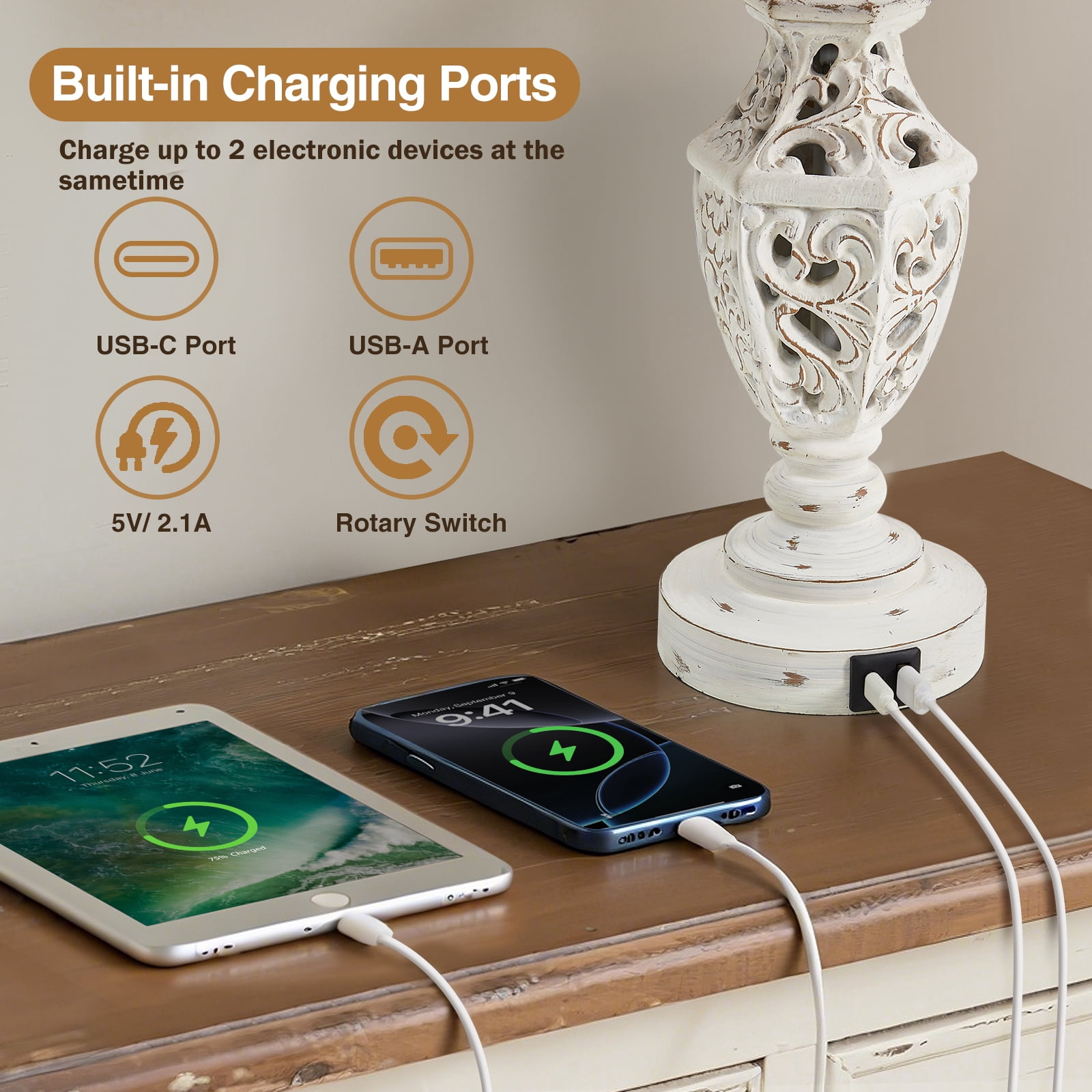 NATYSWAN Table Lamps Set of 2, 23.5"Bedside Lamp with USB A+C and Nightlight, Cream Modern Resin End Lamps for Bedroom Living Room