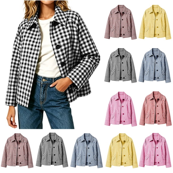 Xaqiouau Womens Relaxed Fit Polycotton Checkered Short Utility Jacket Turn Down Collar Button Front Outerwear With Side Pockets Black XL