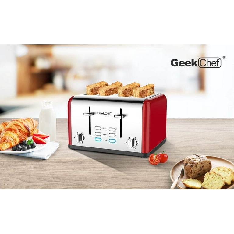 Toaster 4 Slices, Geek Chef Stainless Steel Extra-Wide Slot Toaster, Dual Control Panel with Bagel/Defrost/Cancel Function, 6 Shade Settings for