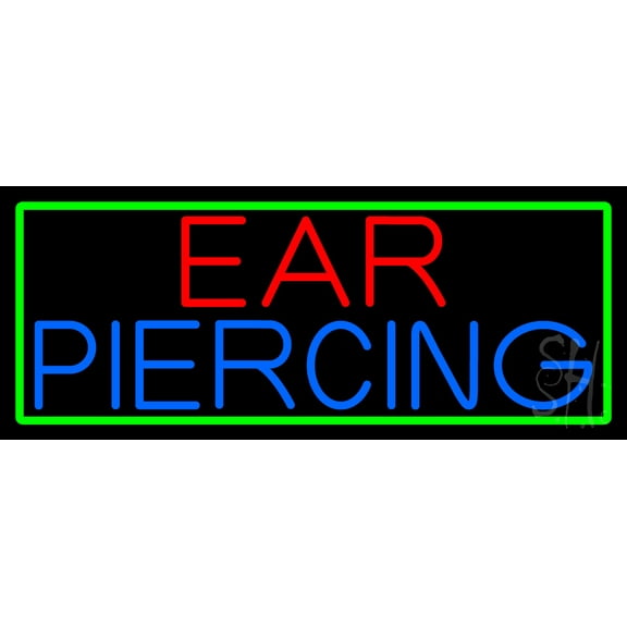 Ear Piercing LED Neon Sign 13" Tall x 32" Wide - inches Black Square Cut Acrylic Backing, with Dimmer - Premium built indoor Sign for Storefront, Store interior, Studio.