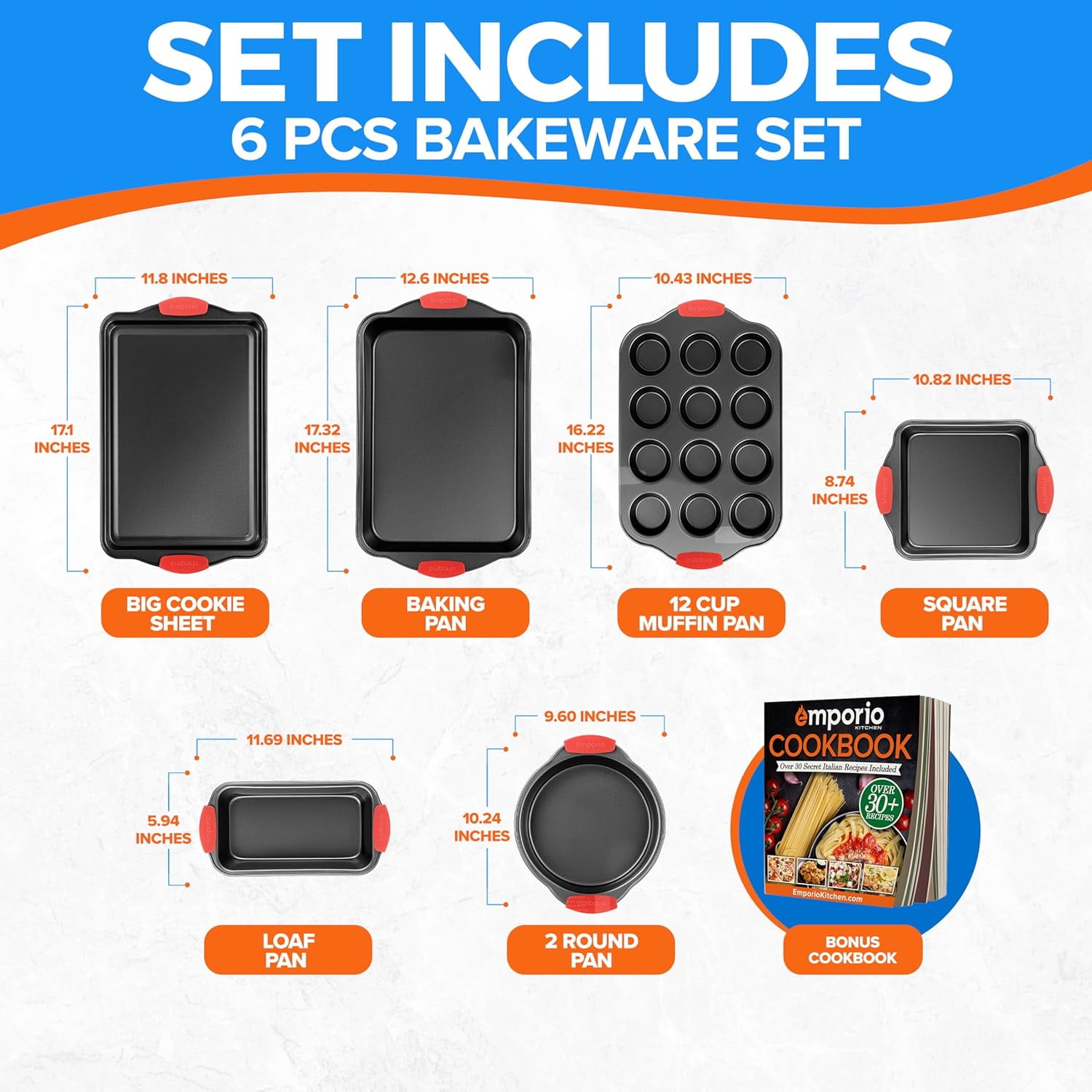 6-Piece Nonstick Carbon Steel Bakeware Set – Black Baking Pans with Red Silicone Handles, Oven Safe to 450°F, with Recipe Booklet