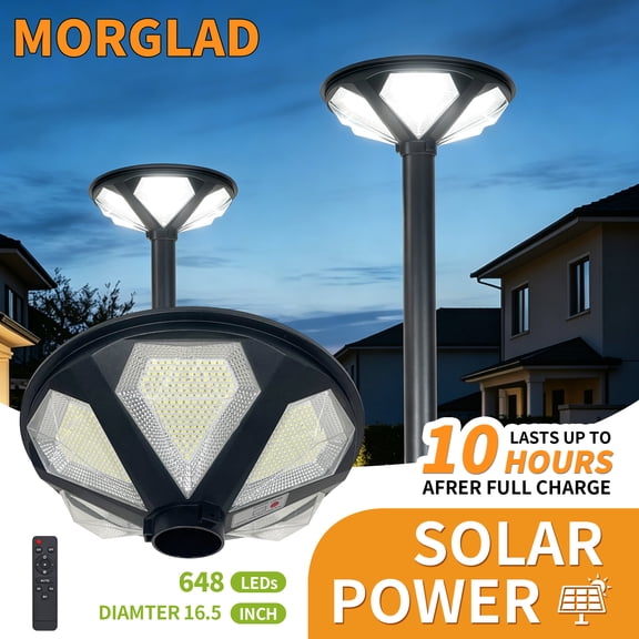 MORGLAD 16.5" Outdoor Solar Lamp Post Light, 648 LEDs Solar Street Light, Fit 3'' & 2 3/8'' Pole, IP65 Waterproof & Remote Control, Pole Not Included