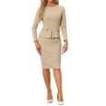 thumbnail image 2 of Vestido ajustado de peplum para mujer INSPIRE CHIC, cuello redondo, de manga larga, cintura alta, midi, vestido de trabajo, talla S, color caqui, 2 of 6