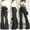 Black, variant on Idoravan Straight Jeans for Women Fashion Ladys High Waisted Lacing Stretch Wide Leg Bell-Bottomed Pants Black M