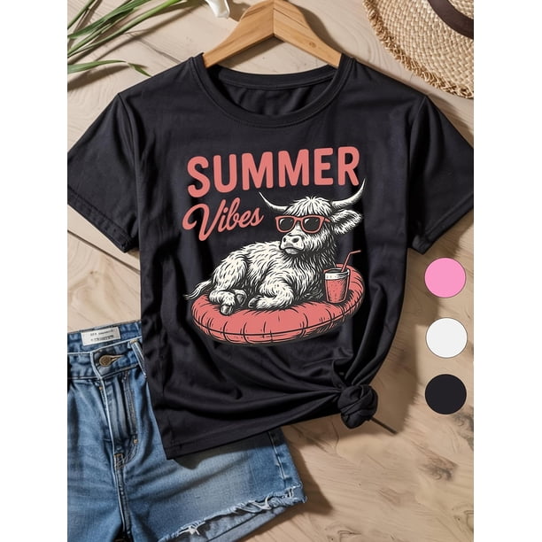 Camiseta de algodón Summer Vibes para niña: bonita camiseta holgada de manga corta con estampado de bebida tropical Highland Cow y letras rosas. Lavable a máquina para viajes, playa y aventuras al ai