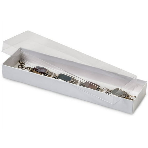 Pack of 100, 8 x 2 x 1" Clear Lid Display Boxes w/White Bases Perfect for Greeting Cards, Stationery, Packaged Gourmet Products & Bath & Body