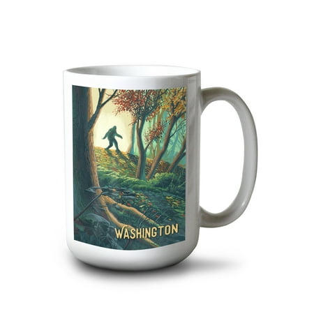 

Lantern Press 15 fl oz Ceramic Mug Oregon Wanderer Bigfoot in Forest Dishwasher & Microwave Safe