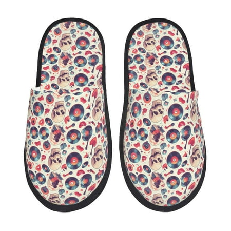 Balery Skull Guitar record lips Slient Indoor Furry Fleece Comfort House Shoes Soft Non-Slip Home Shoes Cotton slippers House Slippers-- Large
