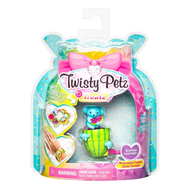 Juguete Postrecitos Twisty Petz Spin Master Watermelon Puppies, figura articulada de perrito azul con accesorio en forma de sandía verde que gira y se convierte en pulsera o accesorio de moda, incluye coleccionador y tiene aroma agradable, ideal para niñas de 4 años o más en la categoría de figuras de acción y coleccionables.