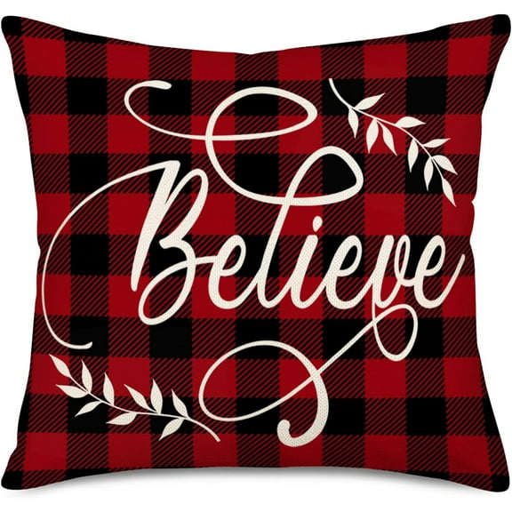 Christmas Believe Pillow Cover 18X18 Inch Red Black Buffalo Plaid Decoration Holiday Farmhouse Winter Pillow Case Decor for Home Sofa Couch Decor Blessed Leaf Throw Pillow Covers