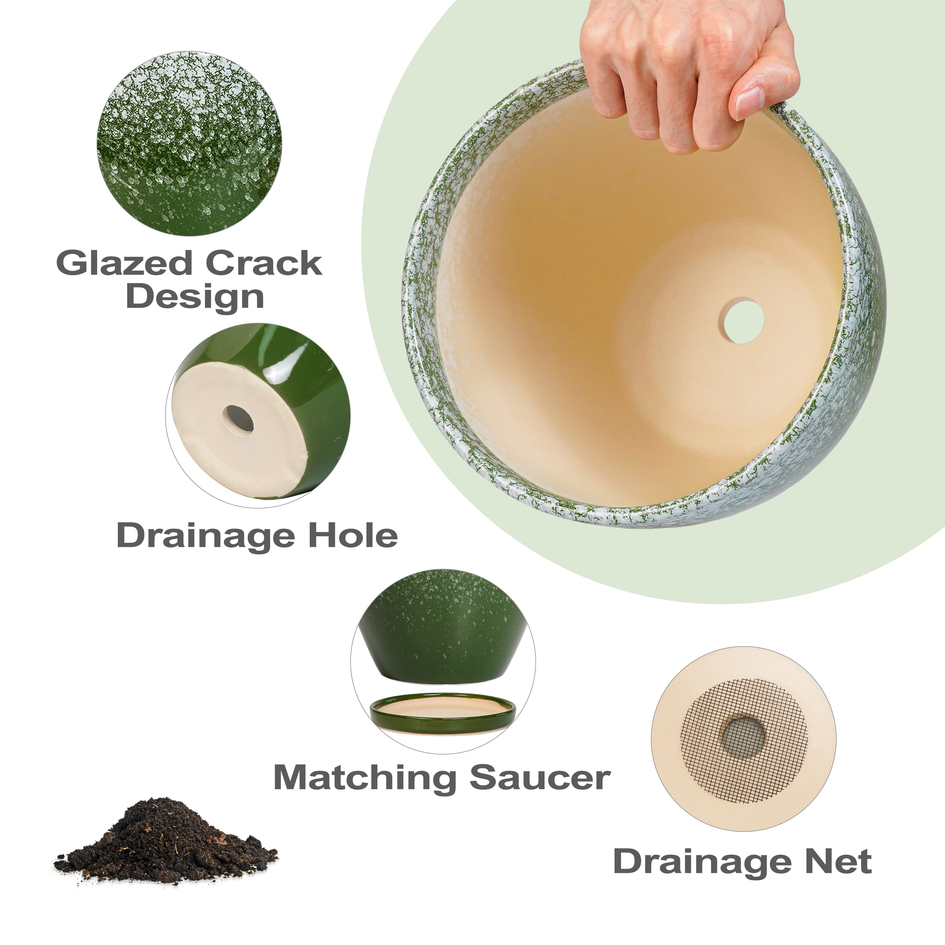 Ordivic 10 inch Large Round Ceramic Planter with Drainage Hole & Saucer, Blackish Green Floor Plant Pot for Fiddle Leaf Fig & Monstera