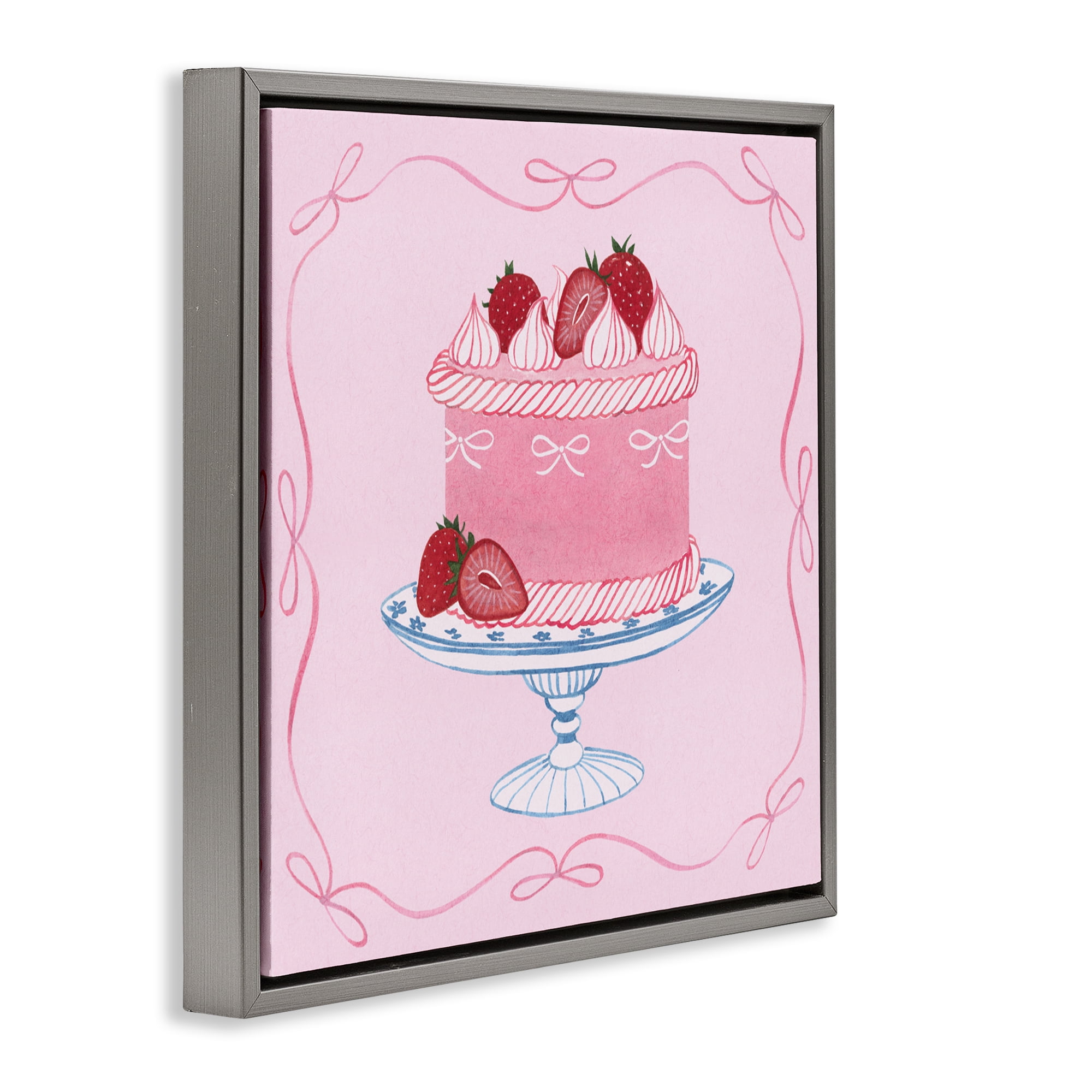 Stupell Industries Pink Strawberry Cake Gray Framed Floater Canvas Wall Art, design by Grace Popp