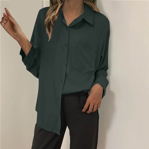 AXXD Womens Shirts Basic Summer 2024 Solid Color Lapel Casual Long-Sleeved Pocket Shirt
