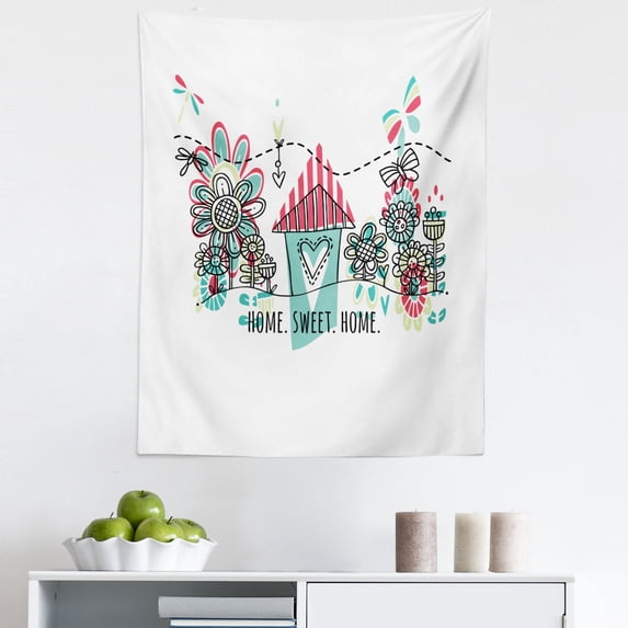 Saying Tapestry, Doodle Style House with Heart Shape and Garden Blooming Flowers Butterflies, Fabric Wall Hanging Decor for Bedroom Living Room Dorm, 5 Sizes, Multicolor, by Ambesonne