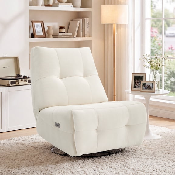 Bonzy Home Armless Power Electric Glider Swivel Recliner Chair with USB & Type-C Ports, Comfy Upholstered 360° Rotatable Single Sofa for Living Room Bedroom Reading Nook, White