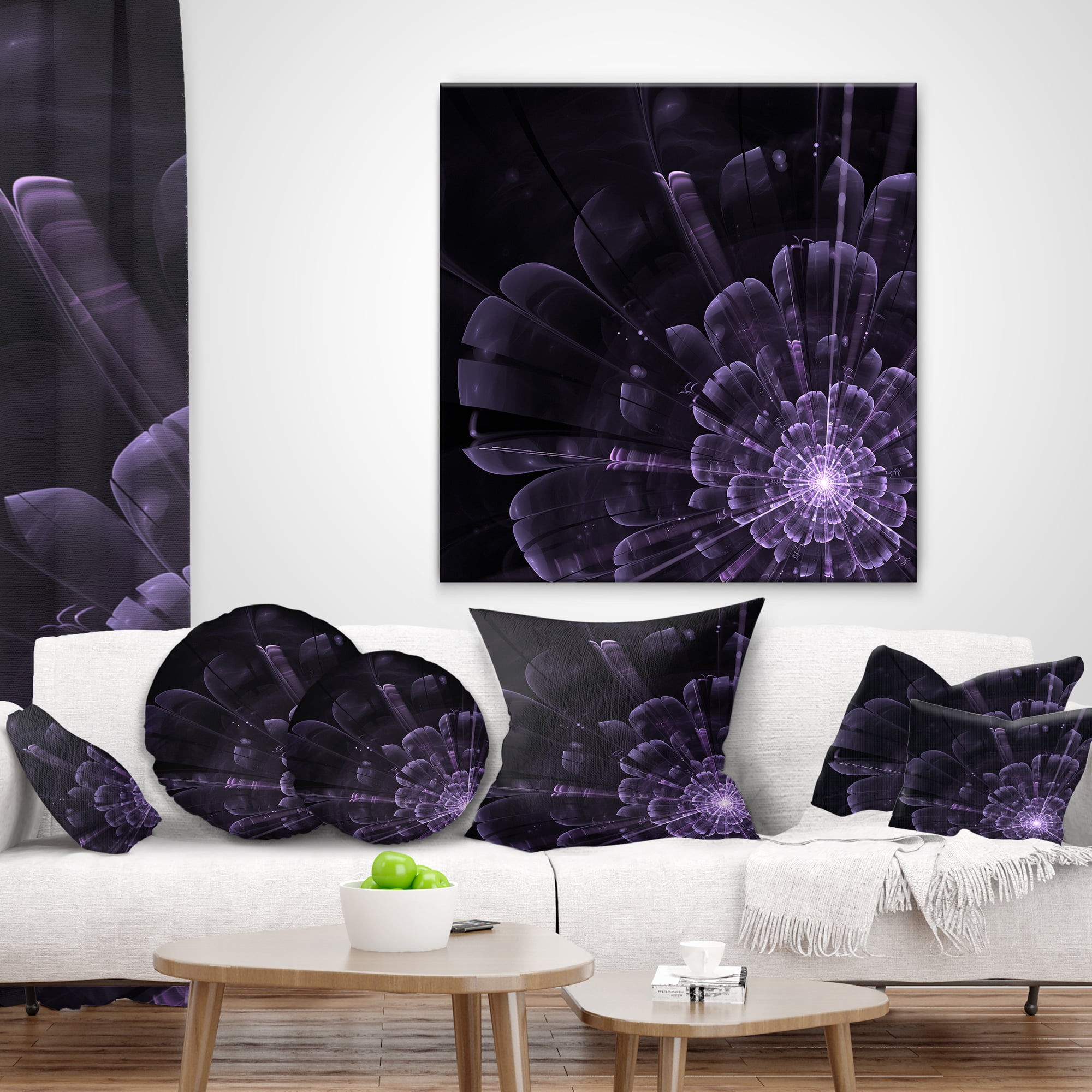 Designart Glowing Crystal Purple Fractal Flower - Floral Throw Pillow - 12x20