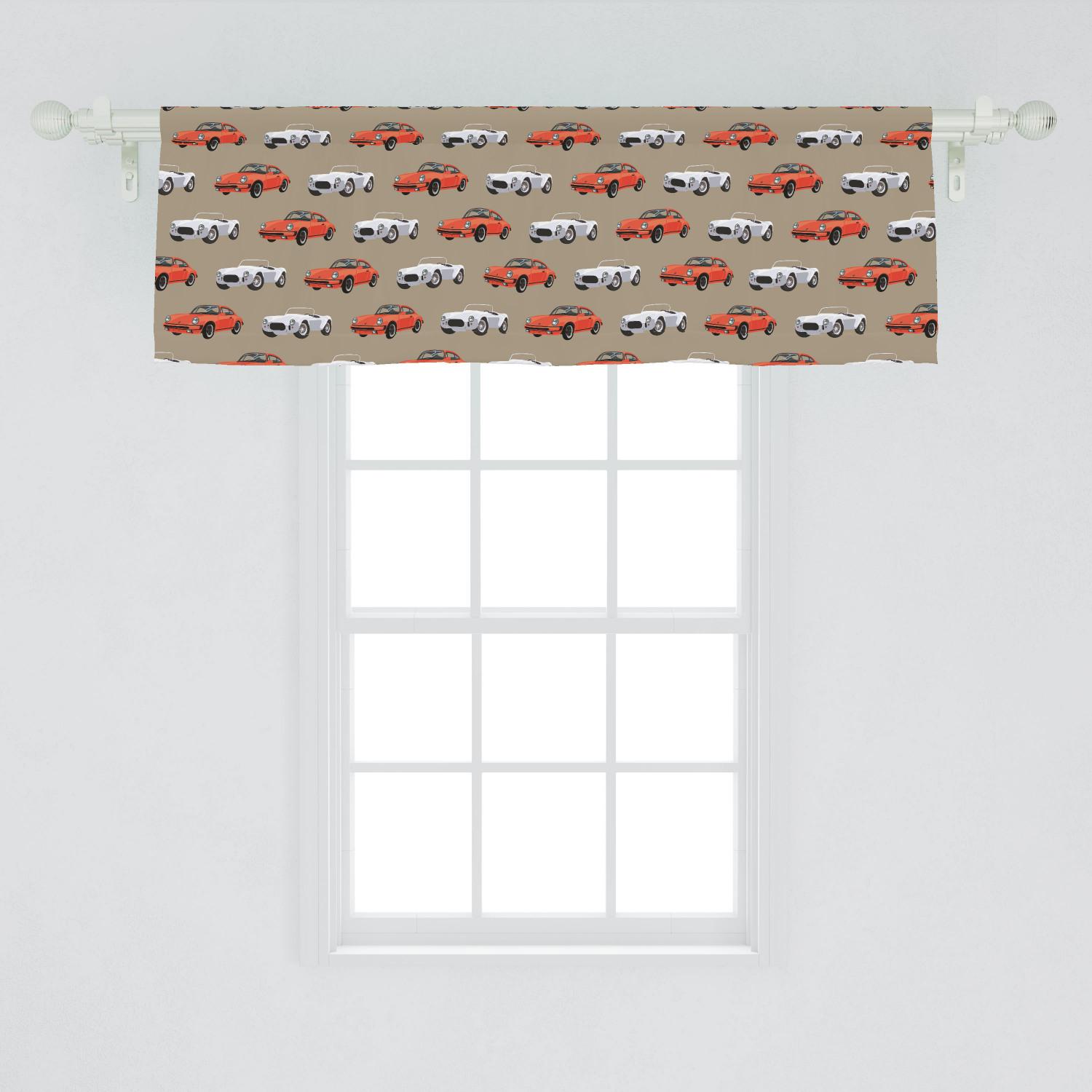 Cars Window Valance, Retro Fast Sports Cars in White and Orange Vintage