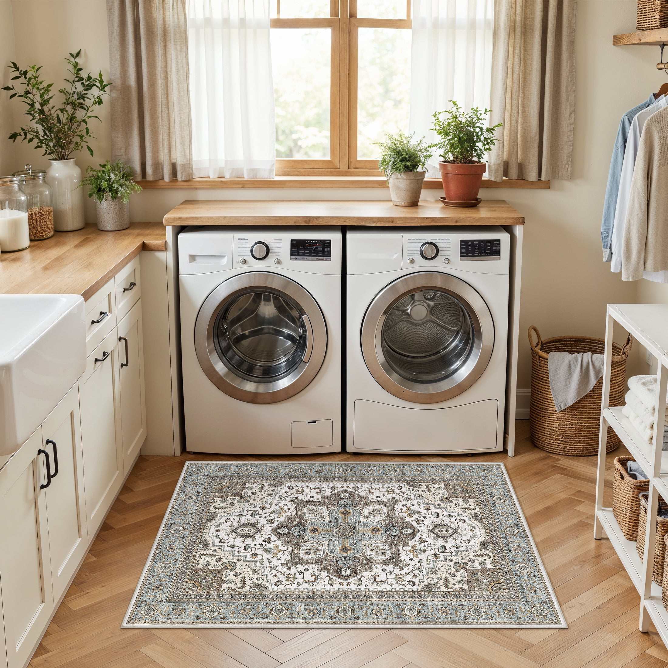 UERMEI 3'x5' Area Rugs, Non-slip Washable Vintage Throw Rugs Carpet for Entrance Entryway Bedroom Laundry Room, Low Pile Indoor Rug Floral Rug Home Decor Carpet, Blue Brown