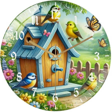 Decorative Clocks: Bird Charming Birdhouse Glass Wall Clock, Bird Wall Clock, Springtime Flowers Bird Lover ,Housewarming Gift for Homes, Bars, Offices, Man Caves, Garages, And Living Rooms