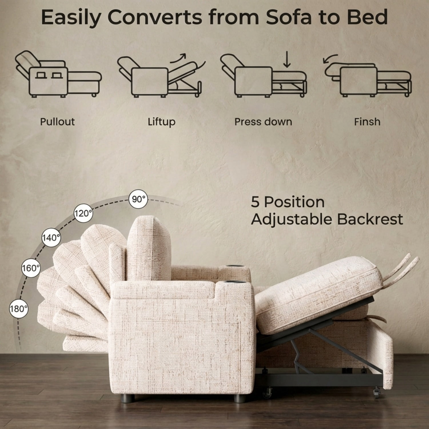 82" Sleeper Sofa Bed with Pull Out Couch, L-Shaped Sectional Sofa with Reversible Storage Chaise, Cup Holders & Side Pockets, Premium Chenille Fabric, Beige