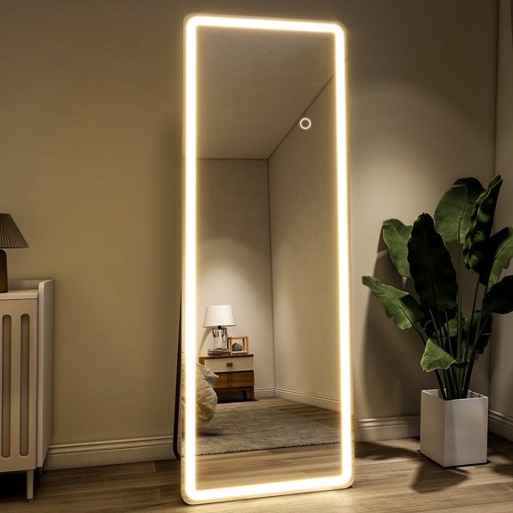 BEAUTYPEAK Miroir Pleine Longueur 64 Pouces x 21 Pouces Rectangulaire à DEL sur Pied avec Coins Sécuritaires, Blanc