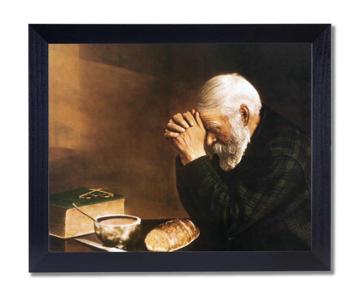 Daily Bread Man Prays Table Grace Religious Wall Picture Black Frame