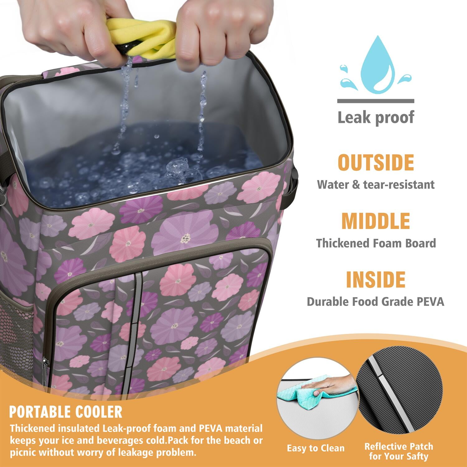 Travel Cooler Bag - Pioneer Flower Floral Print Pattern Camping Beer Cooler Backpack with Bottle Opener- Waterproof Insulated Picnic Backpacks - Cooler Bag for Beach