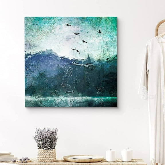 PixonSign Canvas Print Wall Art Flock of Birds in The Sky Animals Wilderness Illustrations Modern Art Minimalist Scenic Colorful Green Dark for Living Room, Bedroom, Office - 24x24 inches
