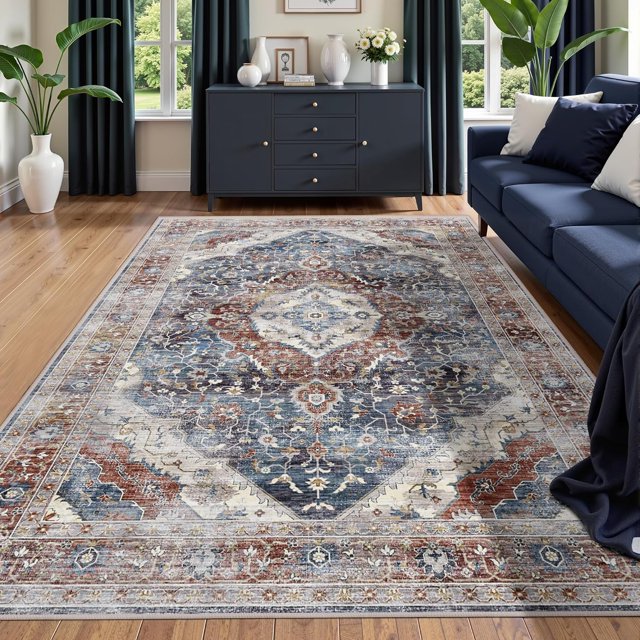 Boho Vintage Round Rug ft- Faux Wool Dreely Washable Area Rug Small Distressed Throw Rugs Floor Carpet for Door Mat Entryway Bedrooms Laundry (Round - ; Diameter Border )