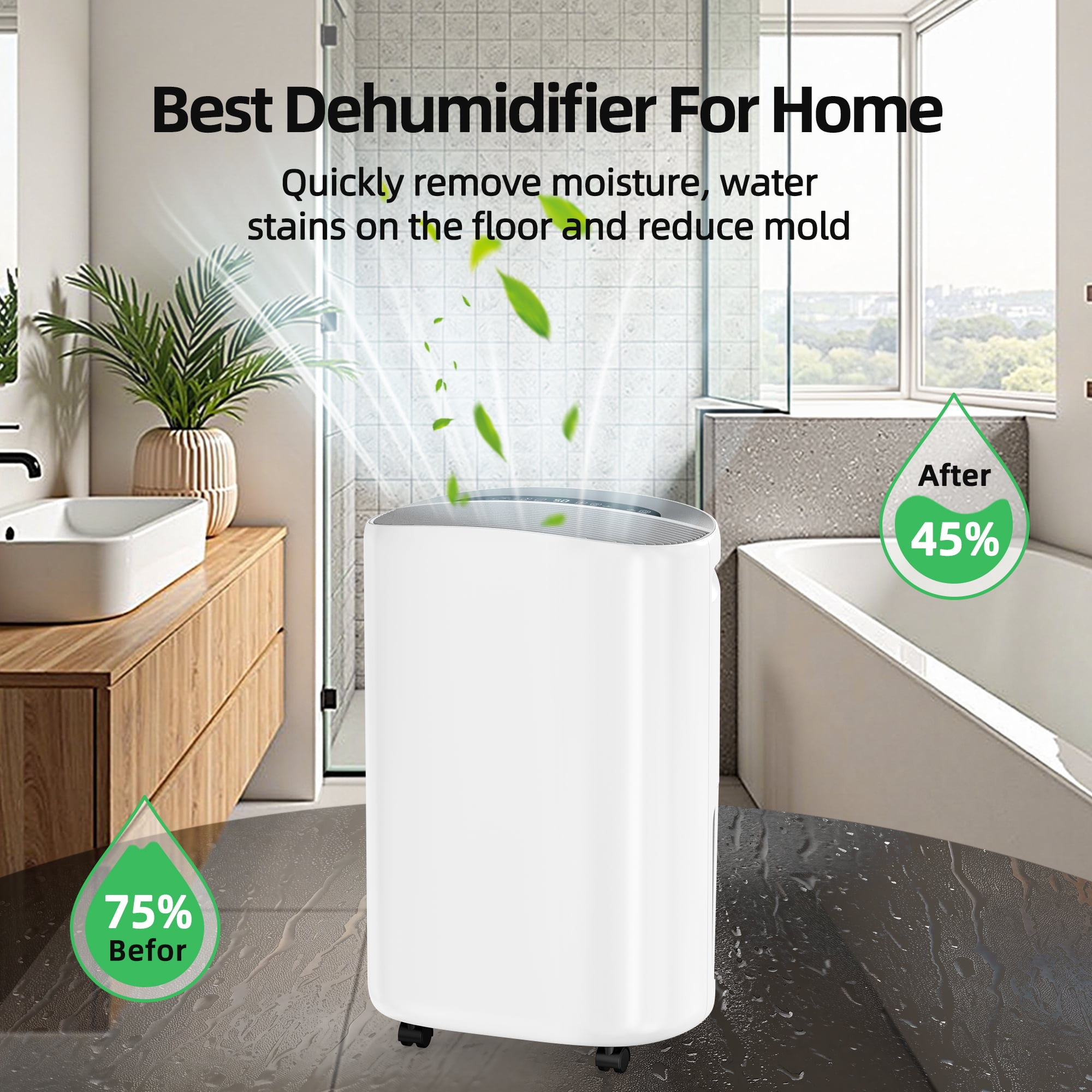 50 pt. 5,500 sq. ft. Dehumidifier in White with Drain Hose, 1 Gal. Bucket, 45dB Dehumidifier for Bedroom, Auto Defrost