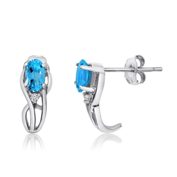 14K White Gold Curved Blue Topaz and Diamond Earrings
