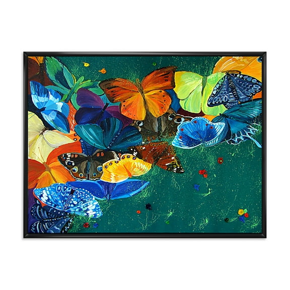 Designart 'Abstract Colour Butterflies On A Gree' Modern Framed Canvas Wall Art Print