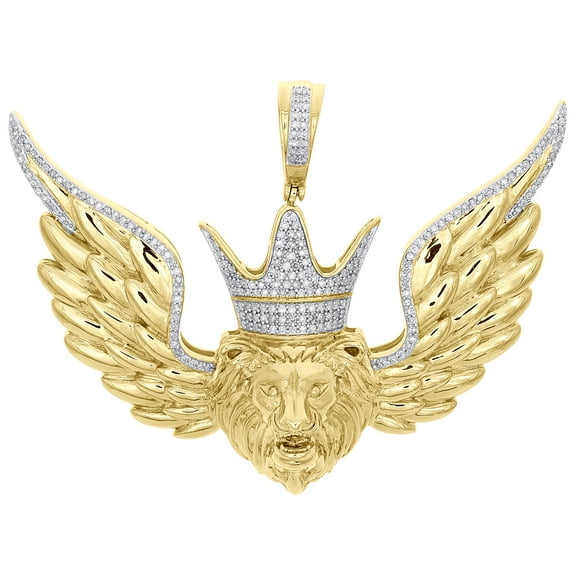 10K Yellow Gold Diamond Lion Face Crown Hat King Pendant 2.25" Pave Charm 1/2 CT