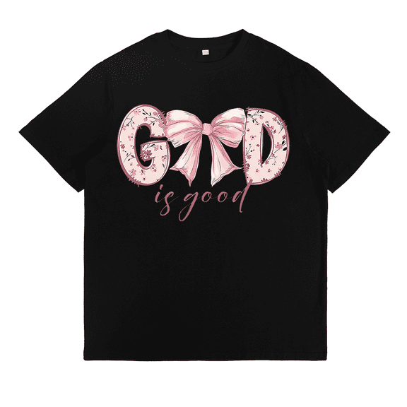 Faith-Inspired Floral Tee - 'God is Faithful' Vintage Bow Design - Women's Soft Black Cotton Casual Tops