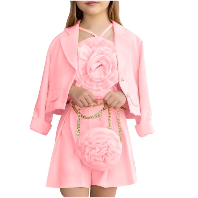 Odeerbi 4-7 Años Niñas Verano Trajes Algodón Flor Tops Traje Pantalones Cortos Chaqueta Blazer Trajes Notched Lapel Traje Chaqueta Tres Piezas Conjunto