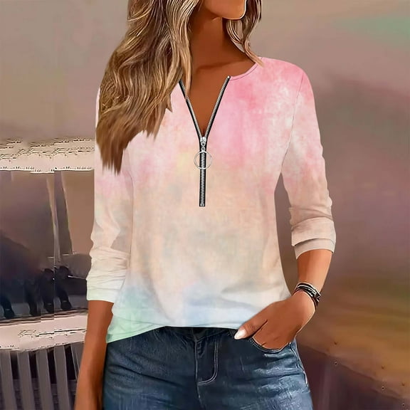 Elvqul Womens Blouse Long Sleeve Loose Tops Zip Up Pink Comfortable Casual Printed Tops for Juniors V Neck