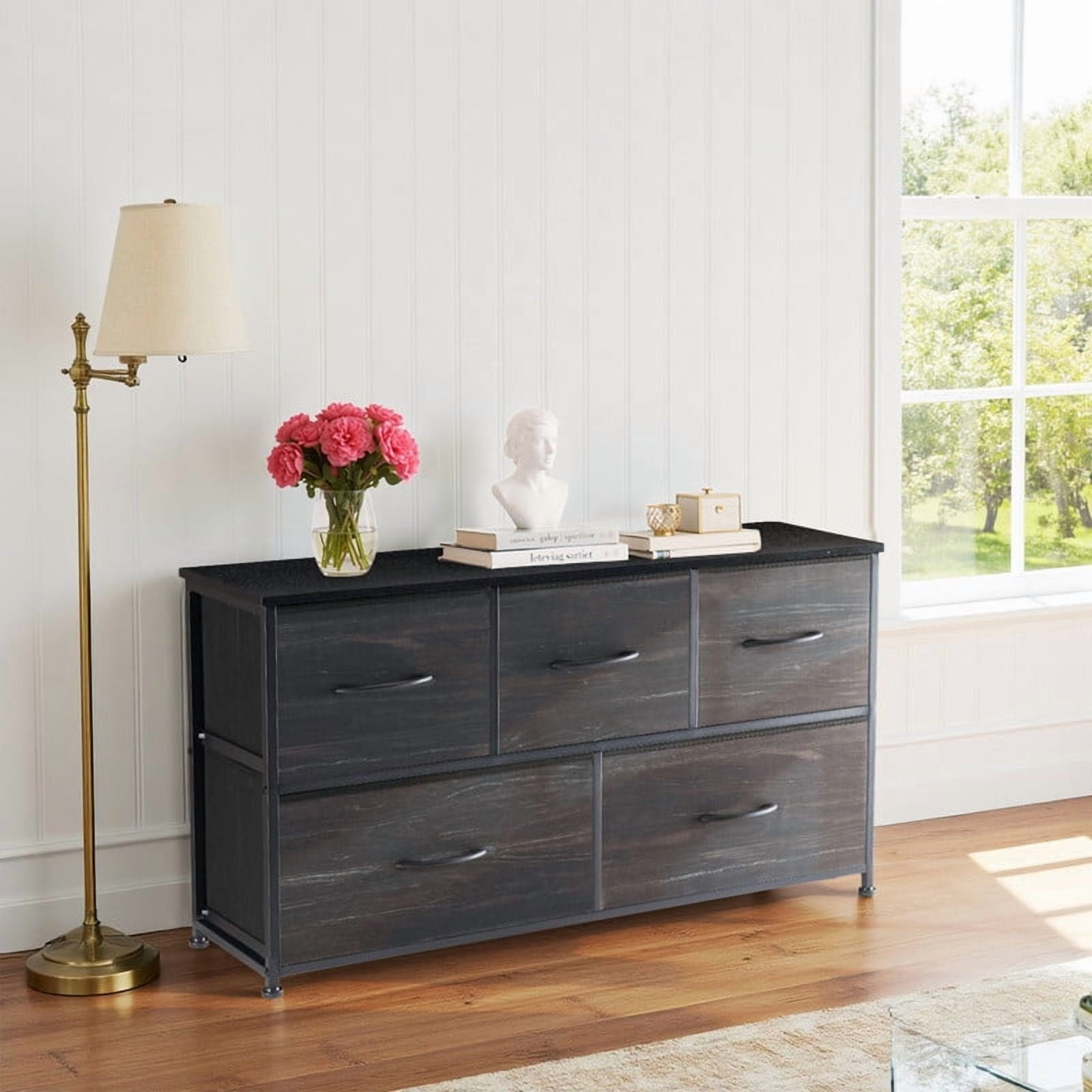 Simenmax 5 Dresser, Storage Drawers with Removable Fabric Bins, Fabric Closet Chests Organizer for Bedroom, Closet, Living Room, Black Wood