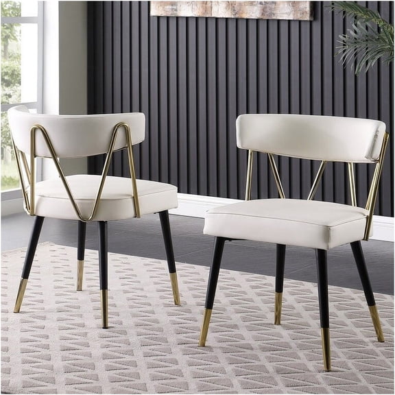 JERFIT 2-Pack Glam Ivory Faux Leather Dining Chairs with Gold Trim, Upholstered Side Chairs for Kitchen and Dining Room