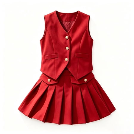 SNKSDGM Girls Sleeveless Blazer Vest Pleated Skirt 2Pcs Outfit V Neck Pearl Button Waistcoat High Waist Mini Pleated Skirt Kids European Summer School Casual Playwear Set Red 5-6 Years