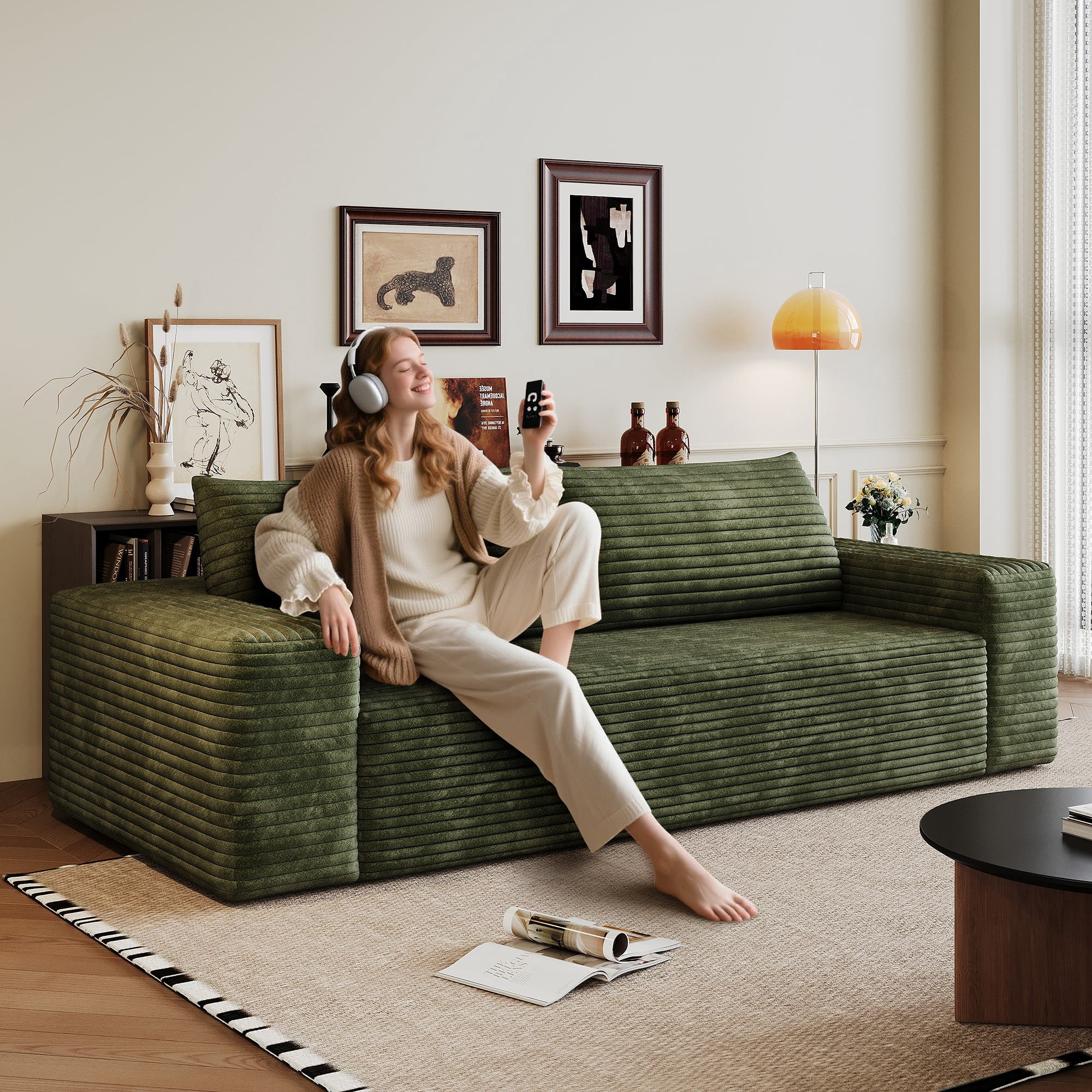 71" Corduroy Deep Seat 3 Seatser Sofa, No Assembly Comfy Couch for Living Room Bedroom Apartment, Green