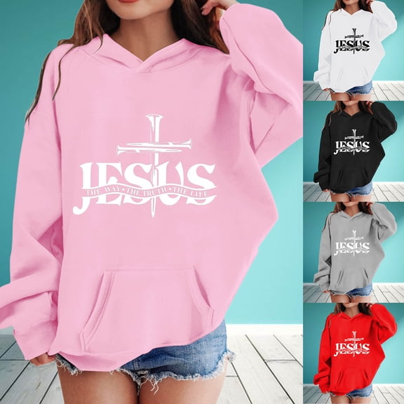 LILIYA Christian Hoodies for Girls Boys Christian Cross Graphic Hooded Pockets Long Sleeve Baggy Sweatshirts Jesus Hoodie Oversized Drop Shoulder Youth Streewear with Pockets